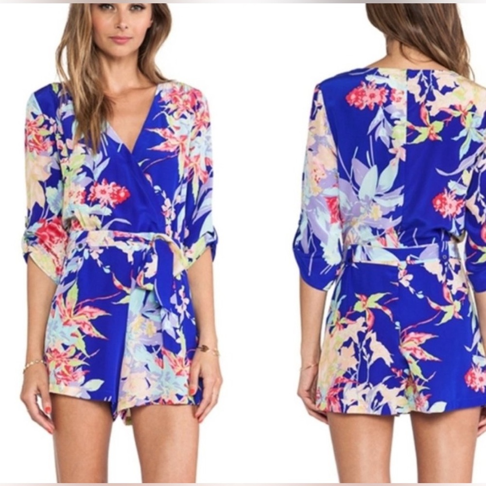 Yumi Kim - women’s 100% silk Liz Romper blue zean floral print 3/4 sleeve SZ XS